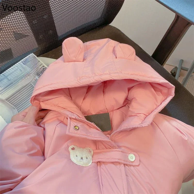 Sweet Lolita Parkas Women Long Sleeve Kawaii Winter Bear Ear Hooded Coats Patchwork Casual Chic Pink Jacket Female Ropa Mujer