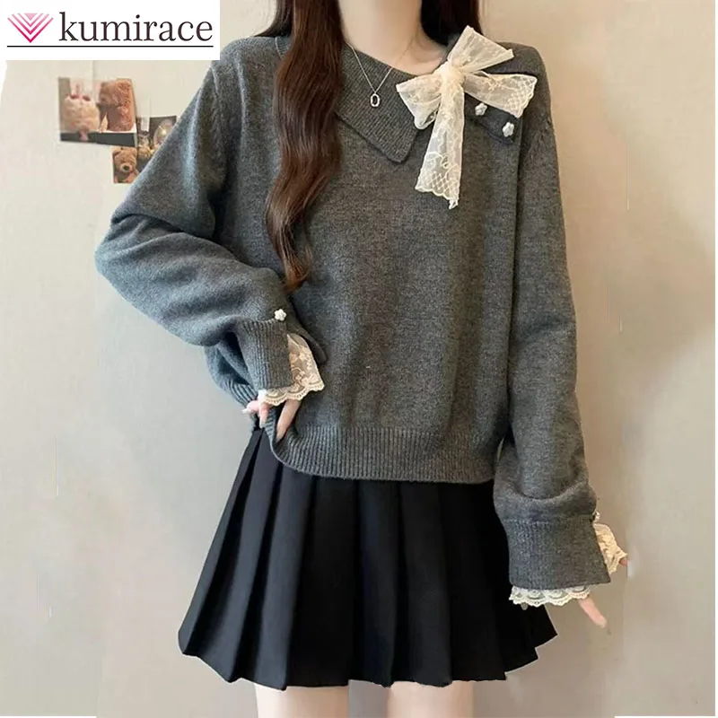 

2025 Autumn and Winter New High-end Set Butterfly Bow Lace Shoulder Sweater Black Pleated Skirt Two-piece Set Baddie Outfits
