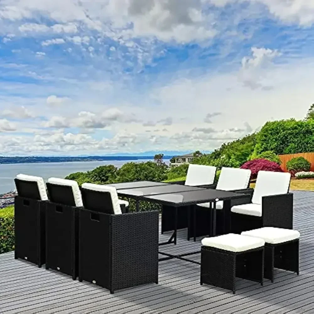 11 Pieces Patio Wicker Dining Sets, Space Saving Outdoor Sectional Conversation Set, with Dining Table, Ottoman and Chair