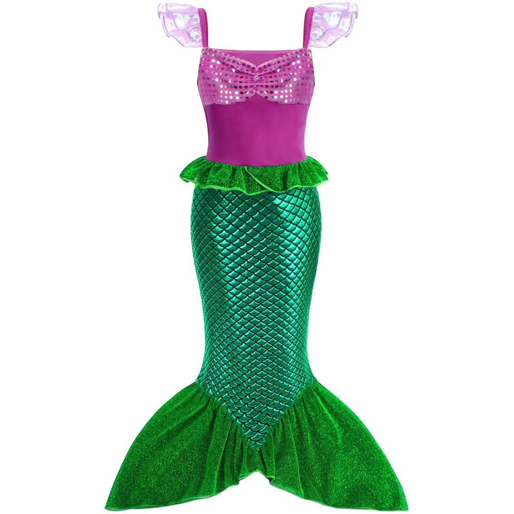 Girls Fairy Tale Mermaid Princess Dress Rose Red Sequin Top Green Fish Tail Skirt Ariel Role Play Costume Birthday Party Outfit