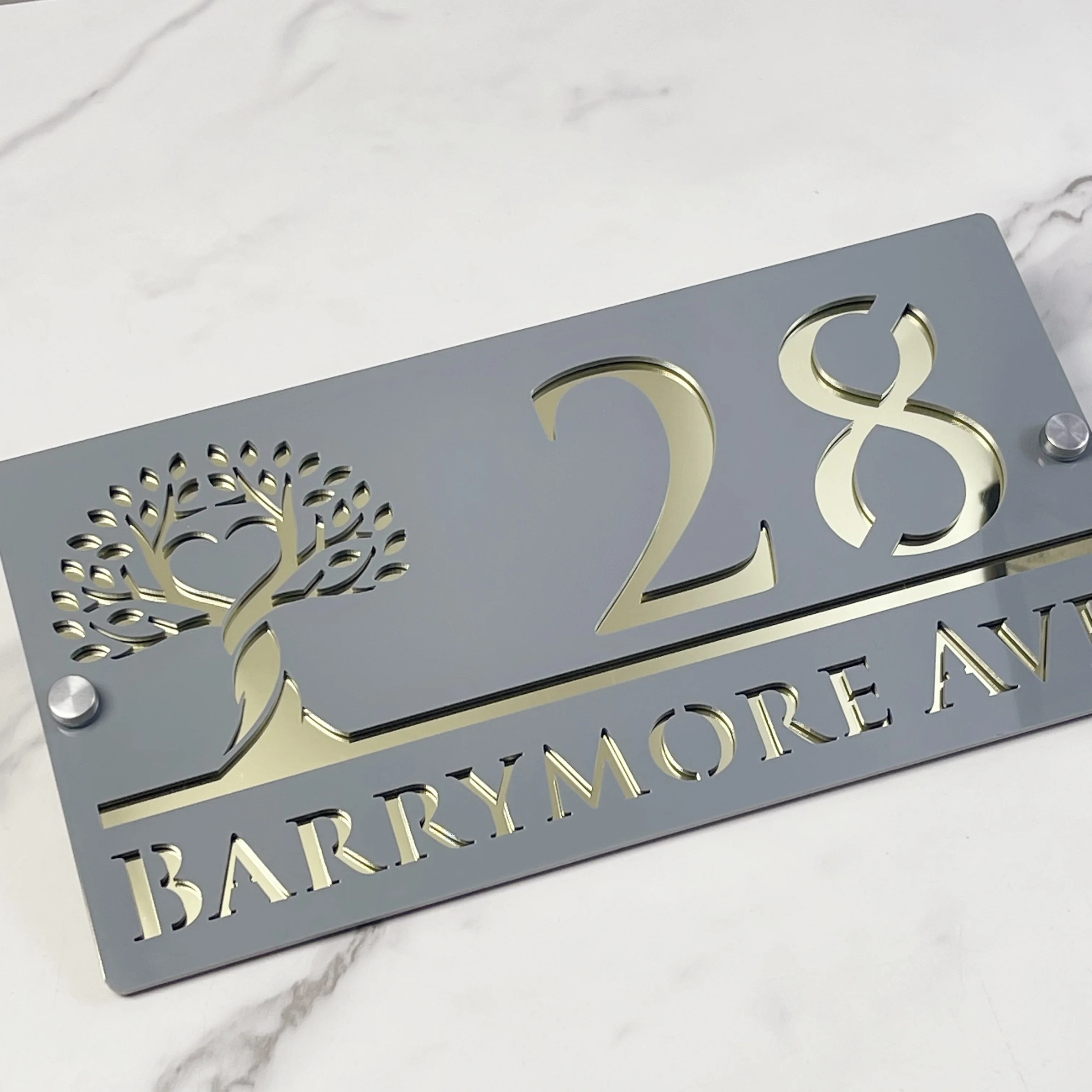 Tree of Life House Number Sign Customized Grey Gold 3D Acrylic Plaque Laser Cut Modern Address Plate for Outdoor Home Decoration