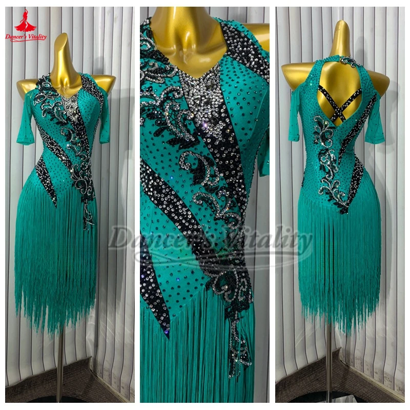 라틴 댄스 아트 등급 시험 롱 스타일 술 경쟁 드레스 성인 여성 차차 삼바 재이브 의류 하이 엔드 사용자 정의