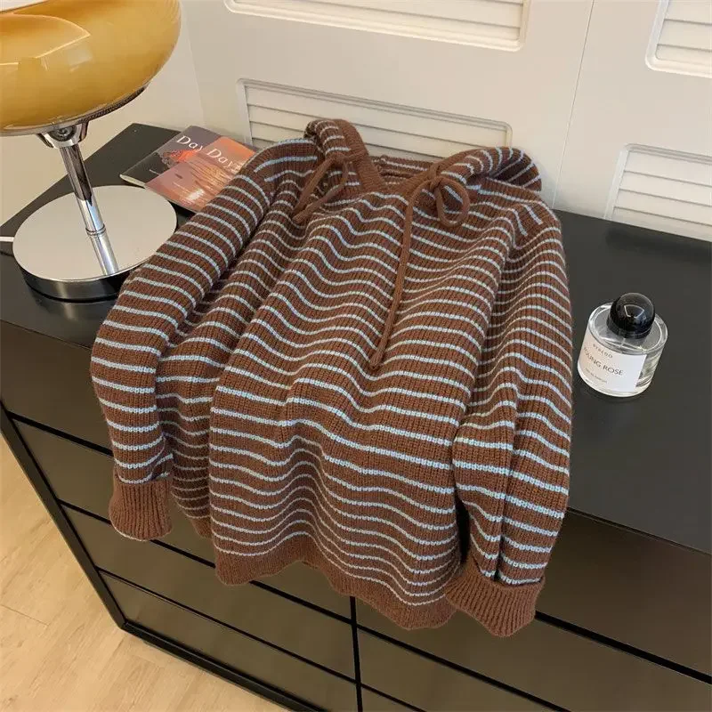 DAYIFUN Striped Hooded Knitted Sweater Women Contrasting Color Drawstring Design Ladies Pullover Autumn Lazy Style Outerwear Top