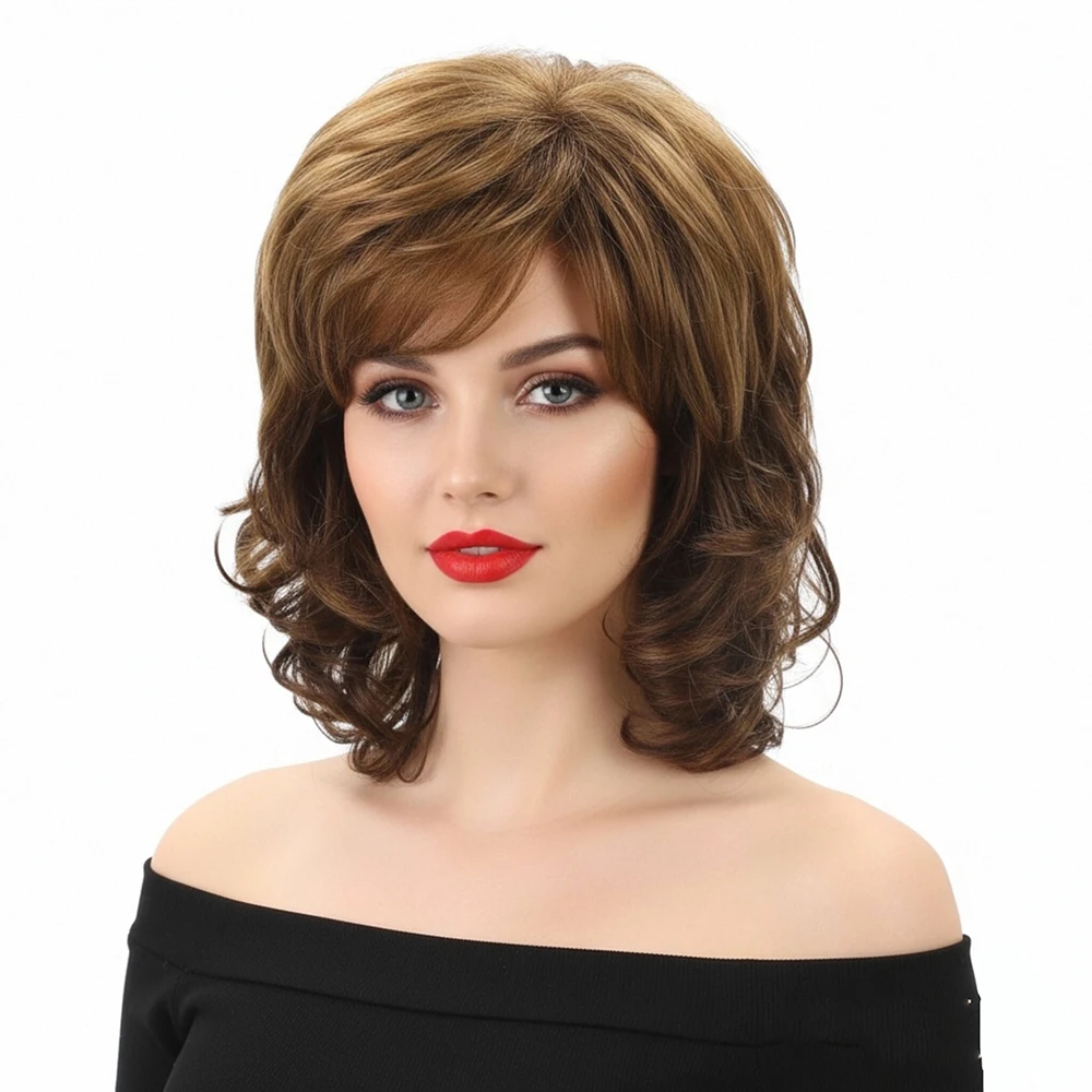 hanerou-ショートブロンドブラウンウィッグ合成女性ふわふわヘア耐熱ウィッグ毎日のパーティーコスプレ用