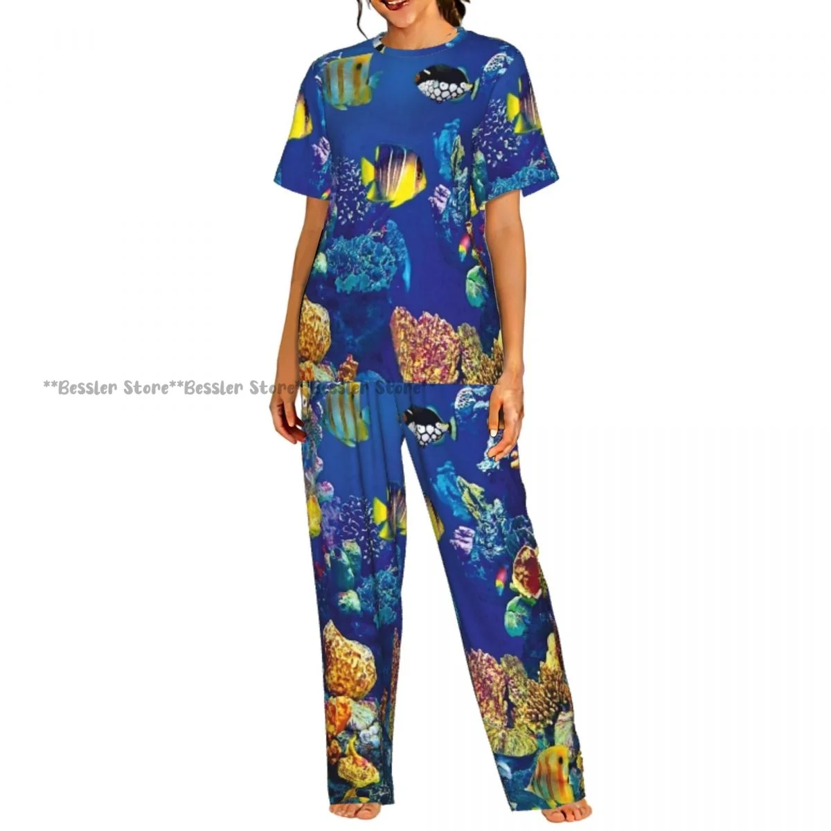 

Женская комфортная пижама с коротким рукавом и принтом «Рыбы под водой», комплект для сна