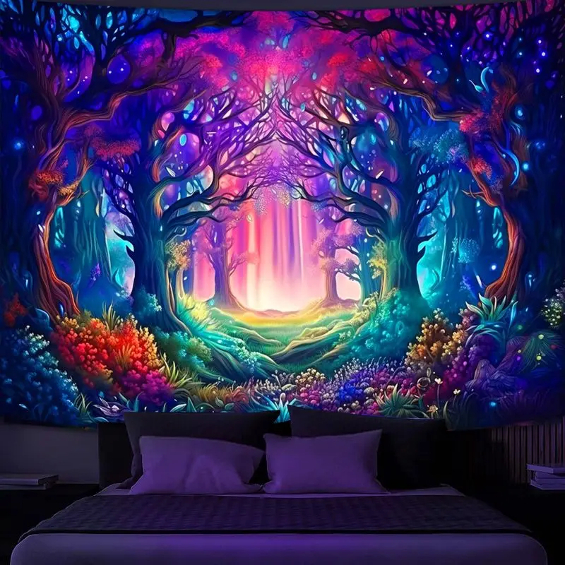 VIKAMA Magical Beaming Enchanted Grove Trail Fluorescent Tapestry UV Glow Hallucinogenic Wall Mural Decor Soft Durable Cozy Gift