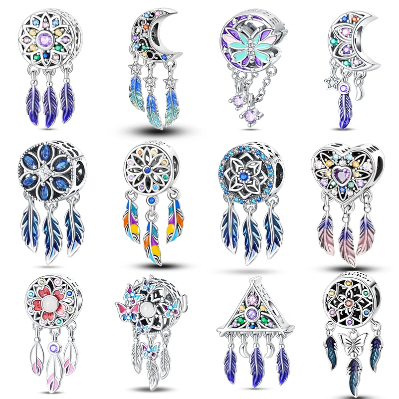 925 Silber Farbe Lila Verträumter Schmetterling Stern Mond Traumfänger Charms Perlen Fit Qikaola 925 Original Armbänder DIY Schmuck Geschenk