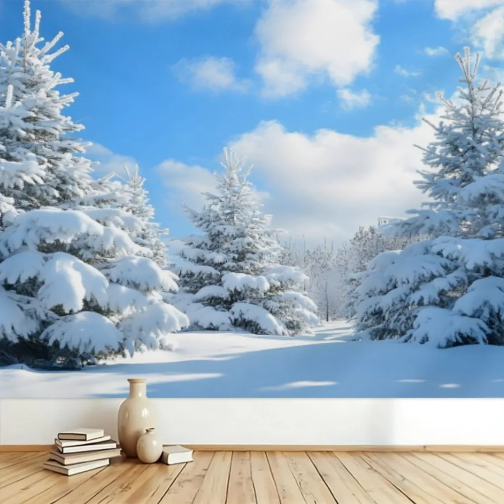 

Winter Wonderland Snowy Forest Tapestry, 100% Polyester Peach Skin Velvet Wall Hanging, Landscape Theme, Woven Graphic Wall Deco