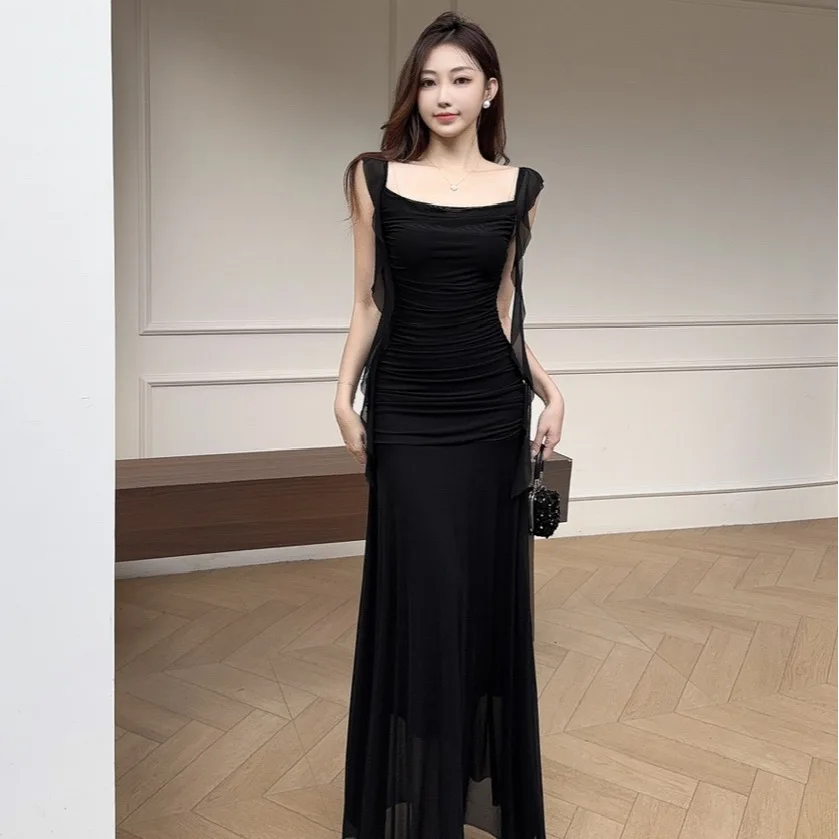 Sexy Crisscross Back Party Prom Vestidos Robe Elegant Sheer Mesh Pencil Dress Women's Ruched Panel Design Green Ribbon Dress