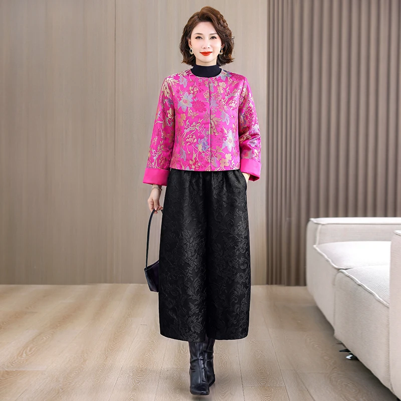 Fashionable Women's Brocade Peony Embroidery Jacket And Wide Leg Bud Pants Set Autumn Winter Two-Piece Set Traditional Chines...