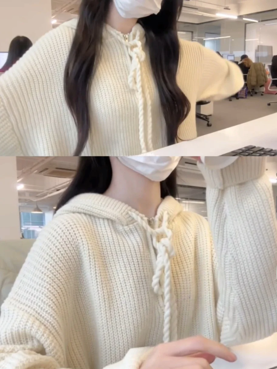 Korean Sle Hooded Heavy Knitwear Jaet f Zipper Sweatirt Thi Large ket Lazy Casual Mid-Length Coat