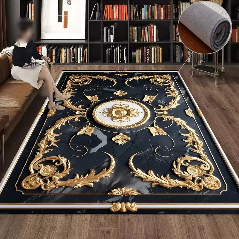 

Black 3D Floral Gold Frame Living Room Carpet Modern Luxury Decoration Parlor Sofa Table Area Rug Non-slip Study Room Decor Mat