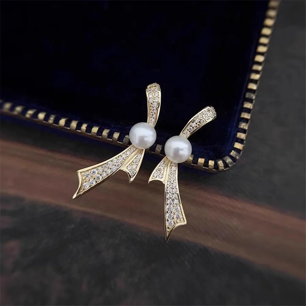 DIY Pearl Accessories 18K Gold-coated Copper-plated Real Gold Bow Sterling Silver Ear Needle Tide Earrings Female