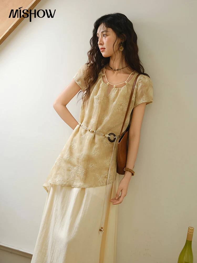 

MISHOW Fashion Butterfly Embroidery Dress 2025 Summer Splicing Beaded Collar Comes with Retro Belt Dresses MXE36L2250