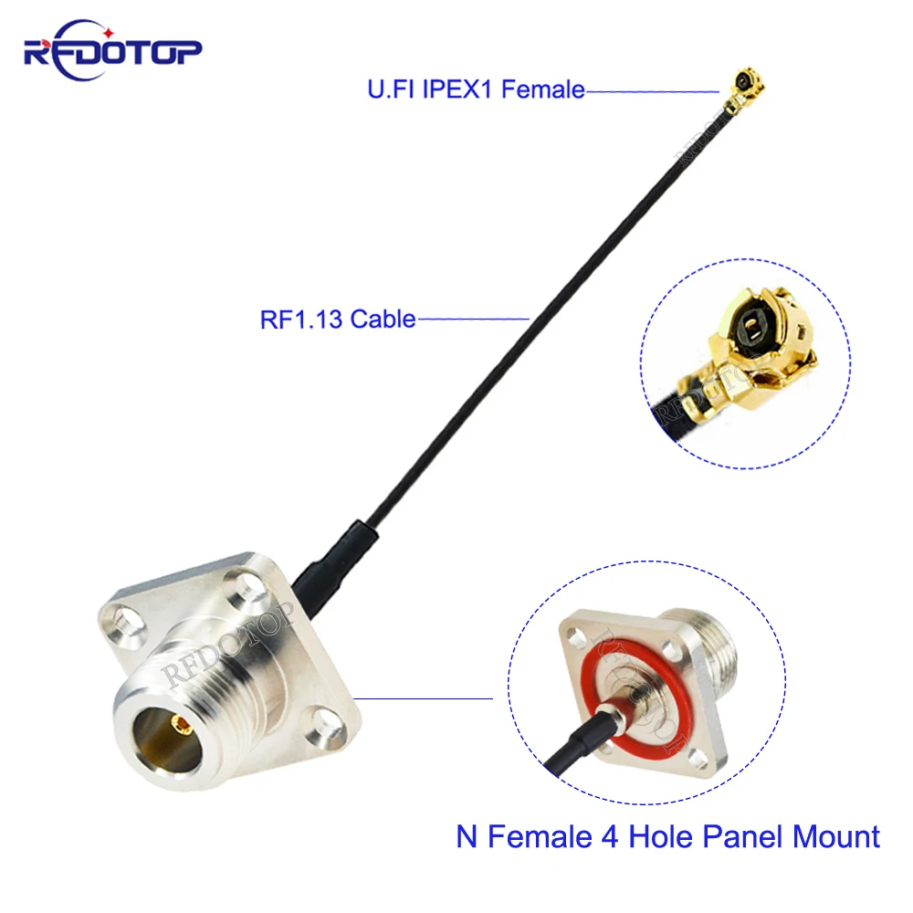 

1PCS RF113 N Female Panel 4 Holes to 1 Female U.fl Connector RF1.13 Cable N to RF Coaxial Extension Jumper 5CM-1M