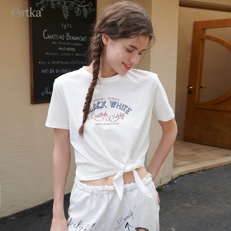 ARTKA 2024 Summer New Women T-shirt Fashion Casual O-Neck Letter Printed T-shirts Loose Irregular Short Sleeve T-shirt TA92047X