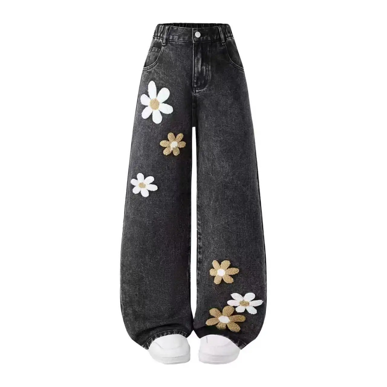 

Girls Black Wide Leg Jeans with Fuzzy Flower Embroidery - Cute Y2K Aesthetic, Loose Fit Baggy Denim Pants for Kids 130-160cm Hei