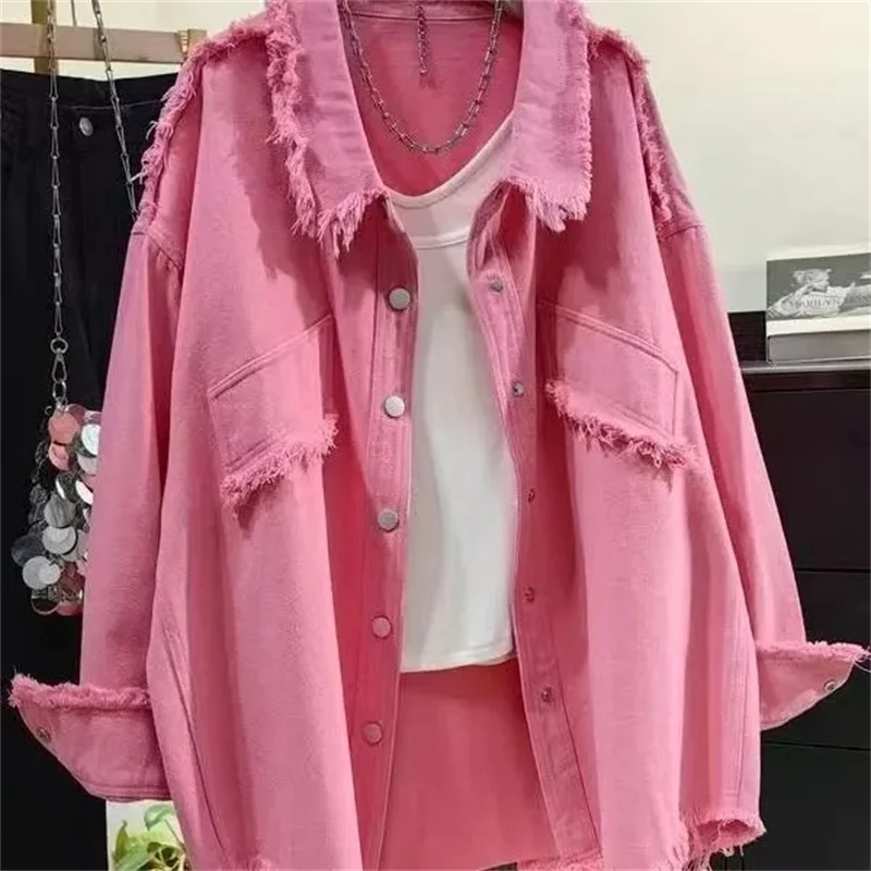 

Korean Lady Patchwork Cowboy Cardigan Blouse Autumn Women Fashion Edge Denim Loose Shirts Spring Femme Long Sleeves Casual Shirt
