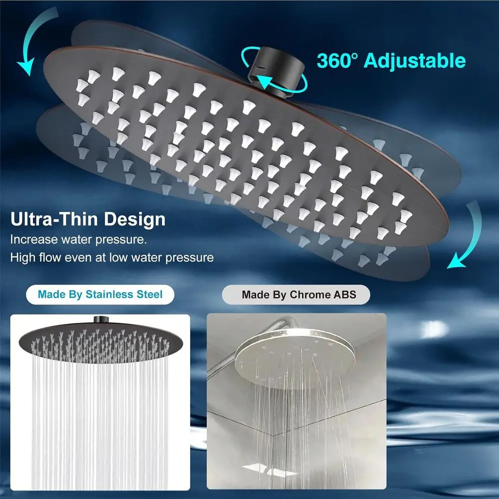 رأس دش مطري كبير من الفولاذ المقاوم للصدأ عالي الضغط مع تصميم برونزي رفيع للغاية ومطلي بالزيت، 12 بوصة