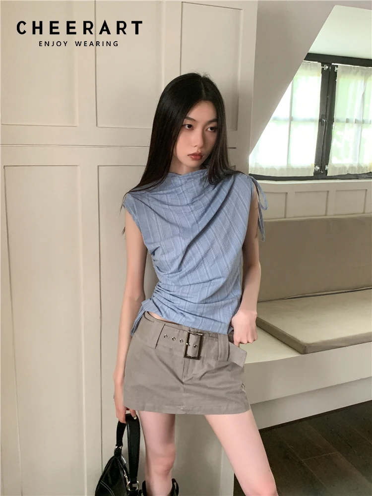 CHEERART Y2k Fashion Blue Striped Ruched Shirring Crop Top For Women 2023 Sleeveless Tees Crew Neck Short T Shirt Summer