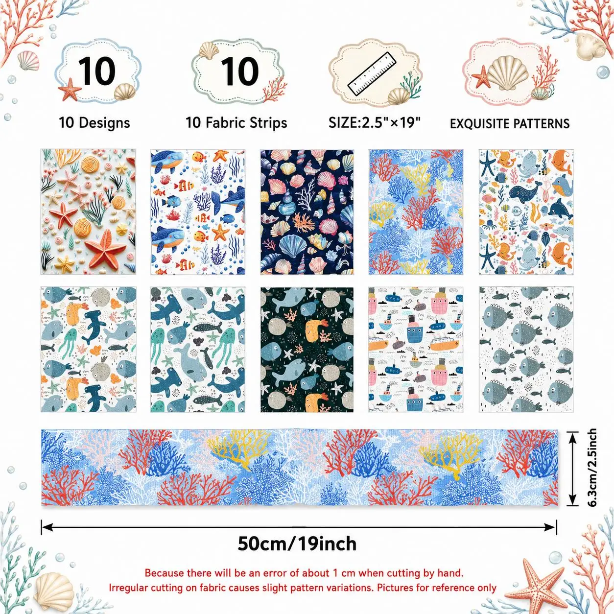 10pcs Ocean Whale Jelly Roll Fabric Strips 2.5X19.7inch Pre-cut 100% Polyester for Patchwork Quilts, Table Runners, Placemats