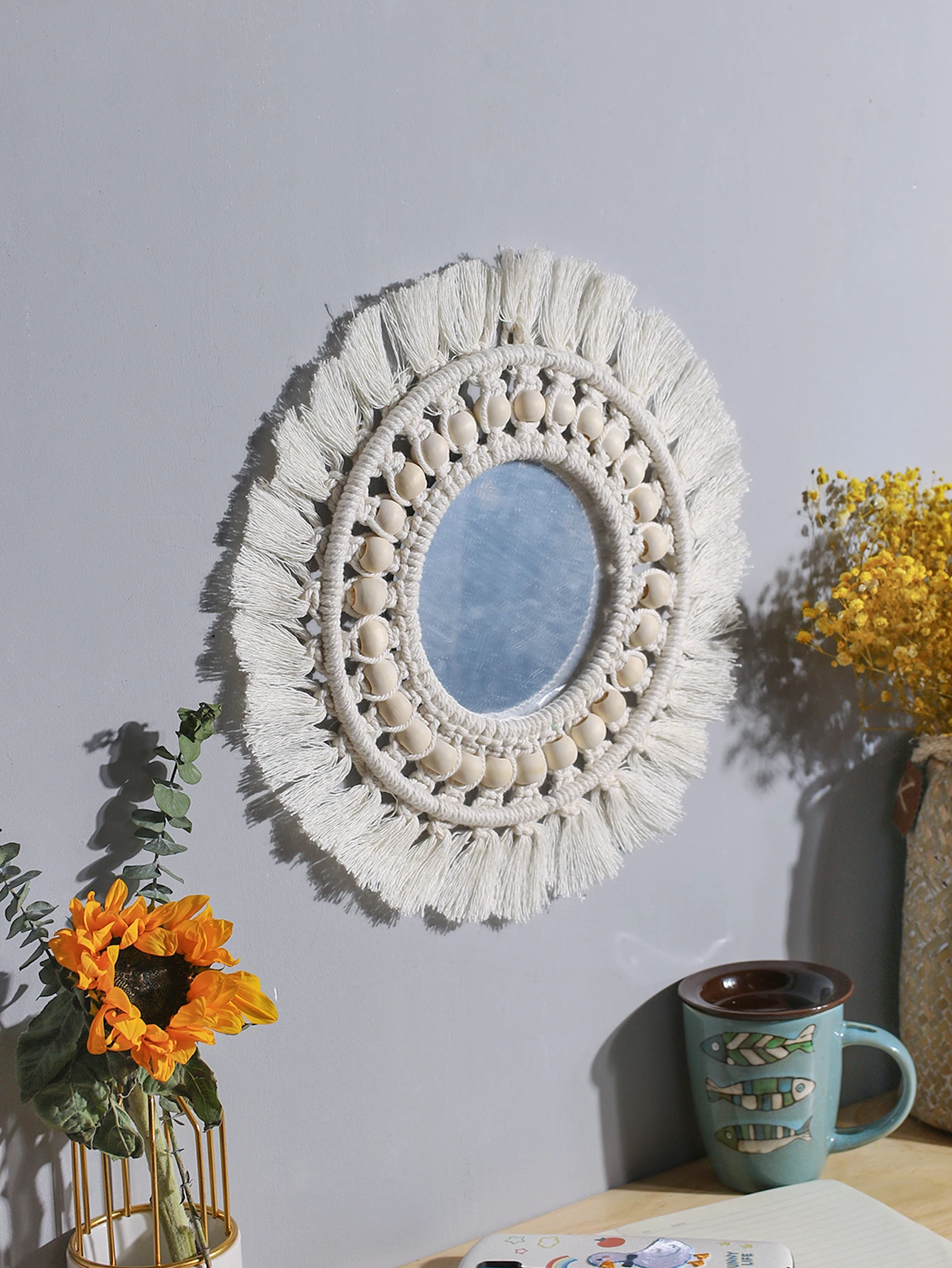 Macrame Mirror Round Beige Wooden Beads Mirror Wall Boho Home Decoration Aesthetic Wall Decor Accessories Room Ornament Art Gift