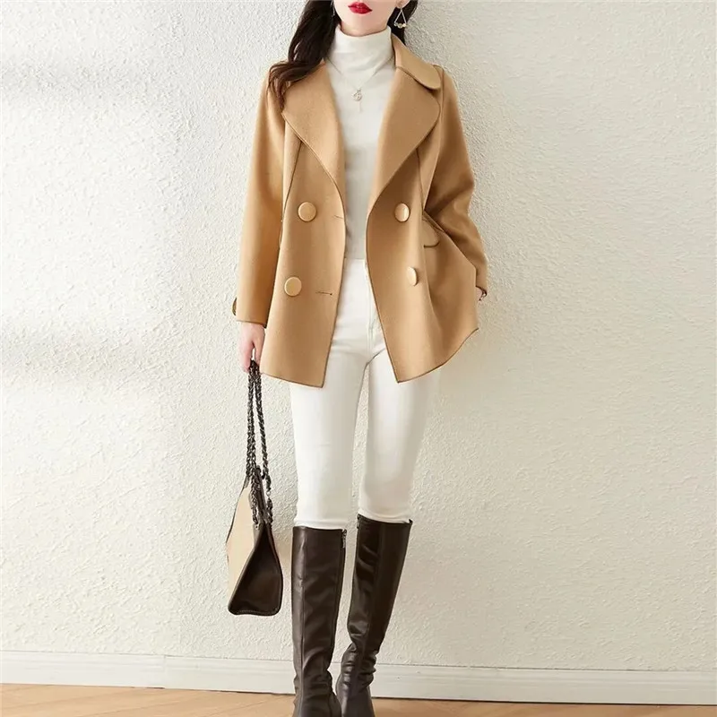 

Coat Women's Spring Autumn Pop Solid Color Woolen Jacket Lapel Double-breasted Pockets Simple All-match Top Female Clothing 148