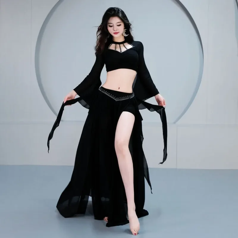 Costumes de danse du ventre personnalisés, nouvel ensemble, haut à manches longues, tenue d'entraînement, ruban de feuille de lotus, jupe longue fendue avec pantalon de sécurité, 2 pièces