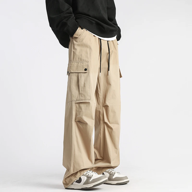 

2024 New Arrival Multi-pocket Drawstring Elastic Waist Cargo Pants Loose Wide-leg Casual Trousers Streetwear