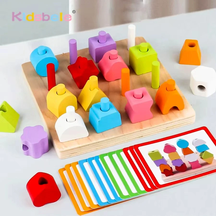 الخرز الخشبي سلسلة خيوط لعبة مونتيسوري هندسية اللون الشكل مطابقة لغز لعبة فرز اللون مرحلة ما قبل المدرسة لعب للتعلم