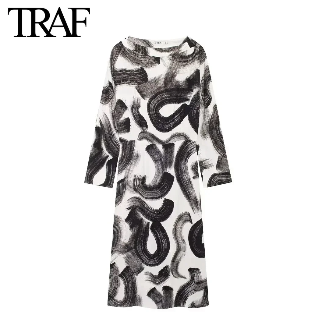 TRAF Women Fashion Autumn Winter New Printed Long Sleeve O-neck Side Zip Vintage Midi Dress France Female Evening Dresses