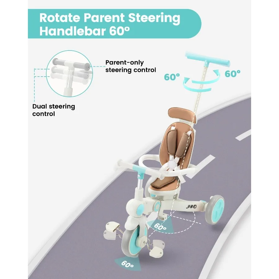 รถสามล้อเด็กอเนกประสงค์ 7-in-1 พร้อมที่จับสำหรับผู้ปกครองแบบปรับได้, สายรัดนิรภัยและเบรกที่ล้อ, หลังคาที่ถอดออกได้