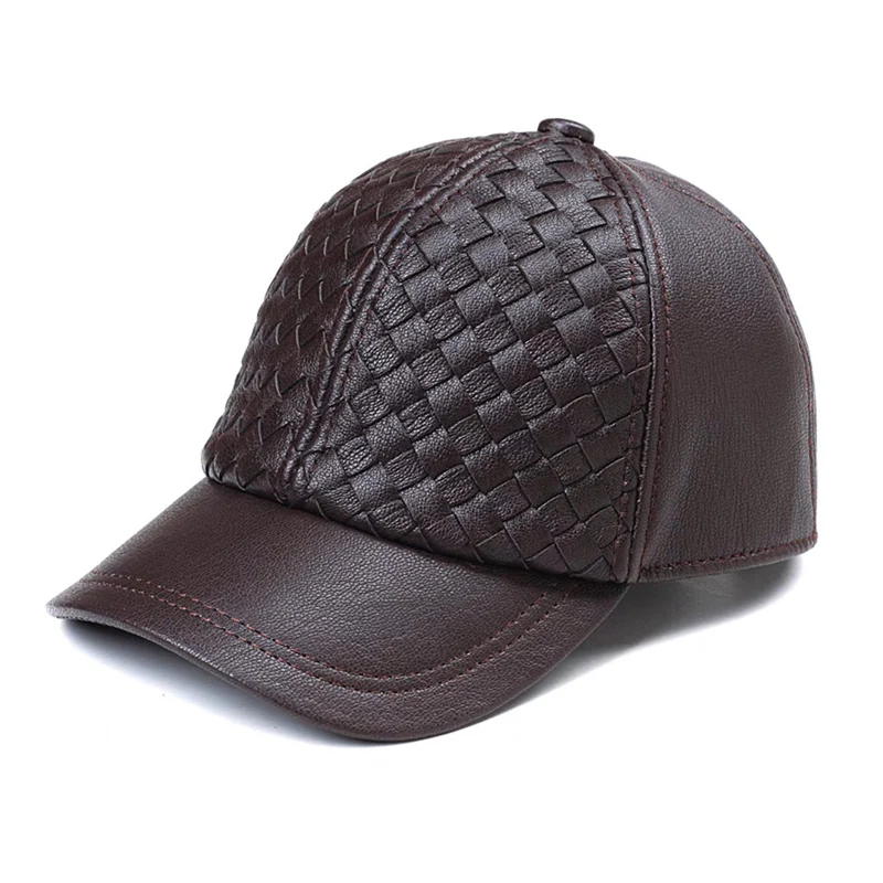 

Winter 2024 Baseball Cap Weave Genuine Leather Men's High First Quality Cowhide Dad Hat Adult Solid Adjustable