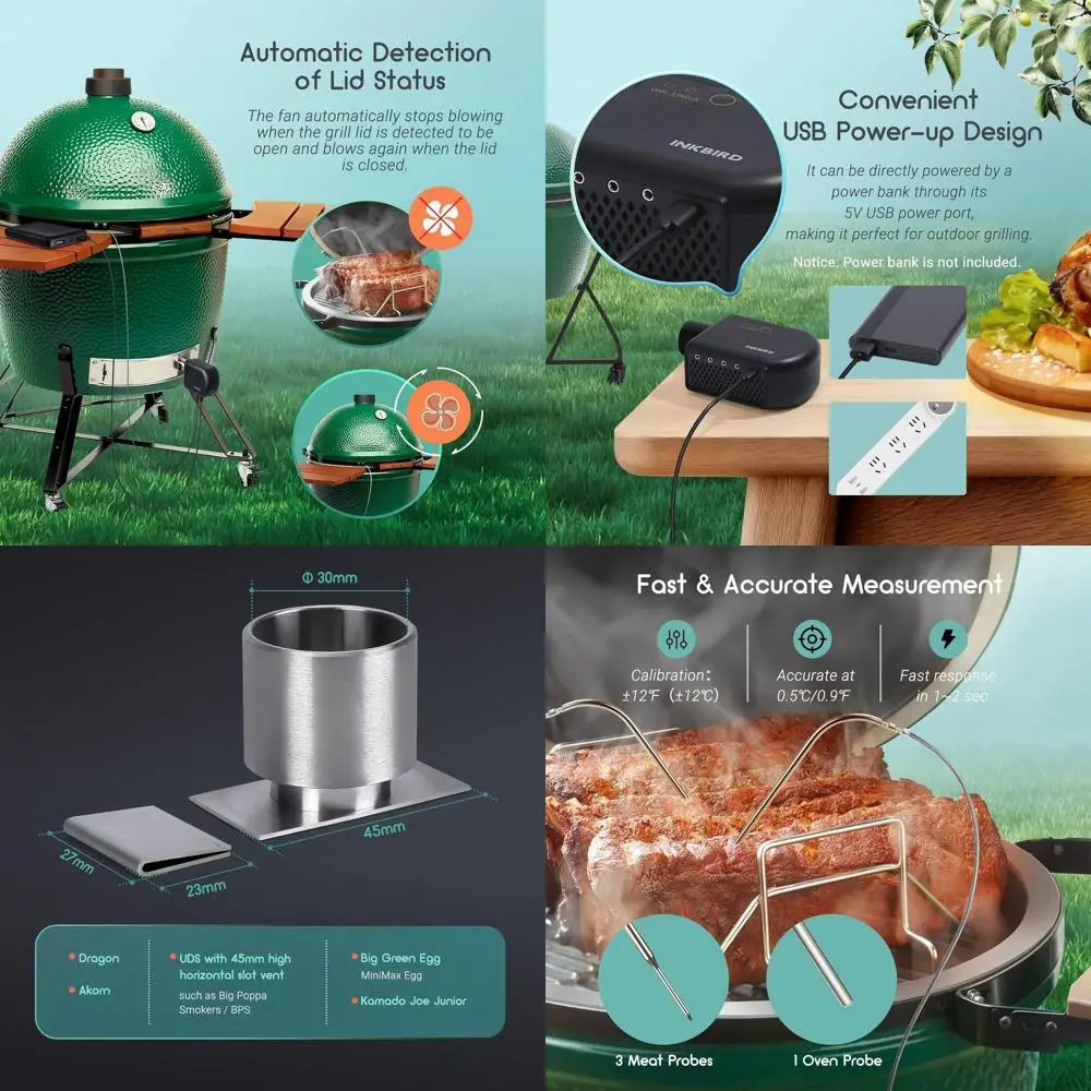 

Комплект контроллера для барбекю Wi-Fi и Bluetooth с 3 зондами для мяса, 1 зондом для духовки и вентилятором 5,0 м/с для керамики и грилей Kamado