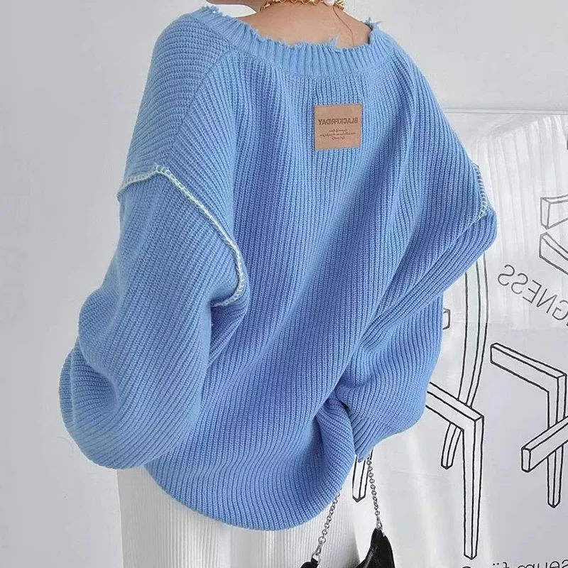 

Retro V-Ne Long Sve Knitted Sweater Loose Design Sle Autumn Faion Women's Comfortable Crtwork Letter Patchwork Swe...