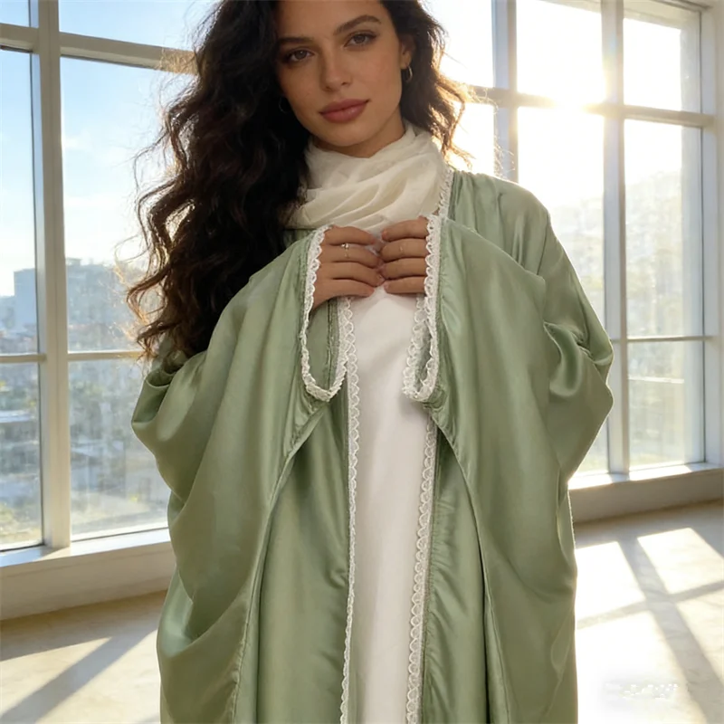 

Атласное кимоно с кружевом для женщин: мусульманское платье, абайя, джалабия, кебайя, дубайский кафтан, исламская одежда, роба, кафтан марокканский (для женщин)