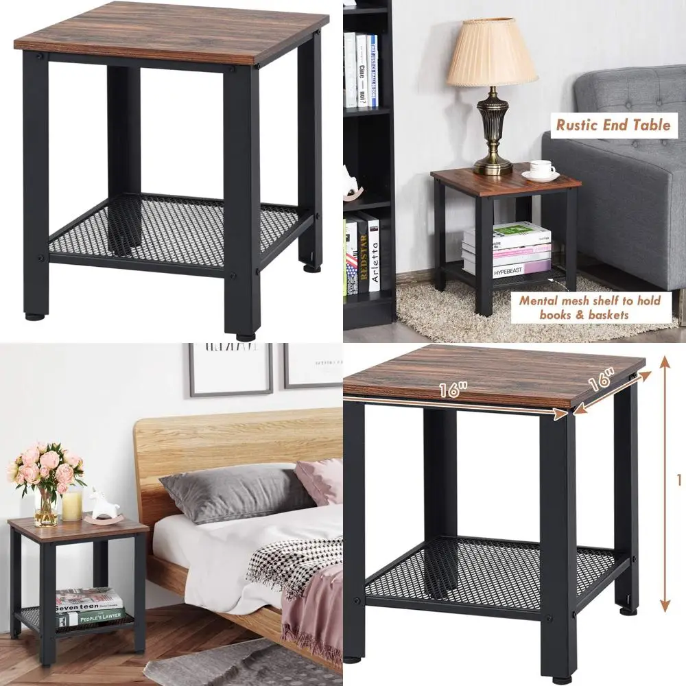 

Vintage 2-Tier Metal Frame Side Table with Storage Shelf and Adjustable Feet for Small Spaces in Black
