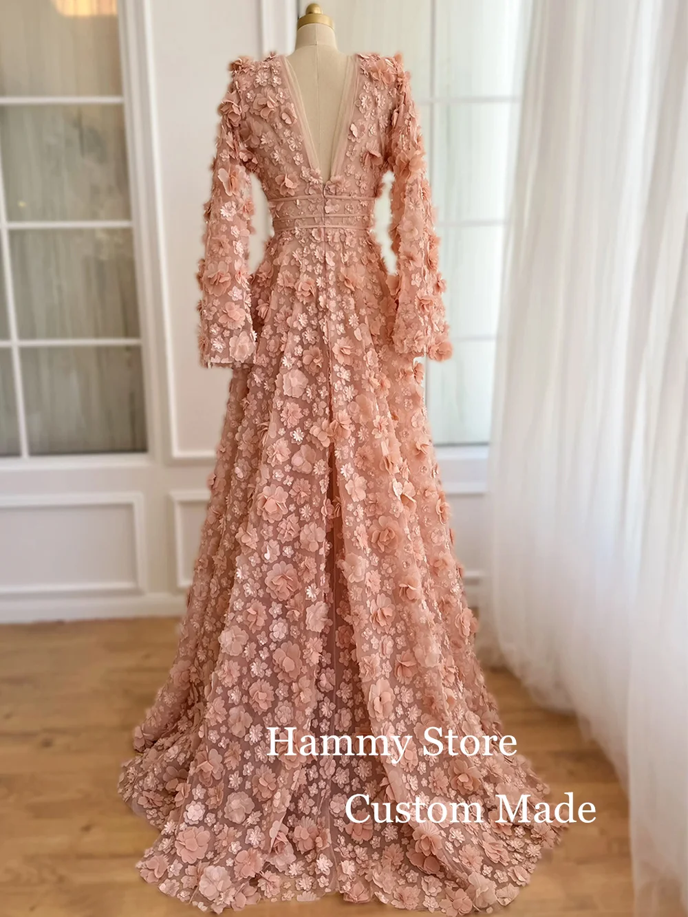 Customized Special Occasion Dresses Evening Dress Batwing Sleeve V Neck High Slit Flower Lace Prom Gown for Weddings Party Dress