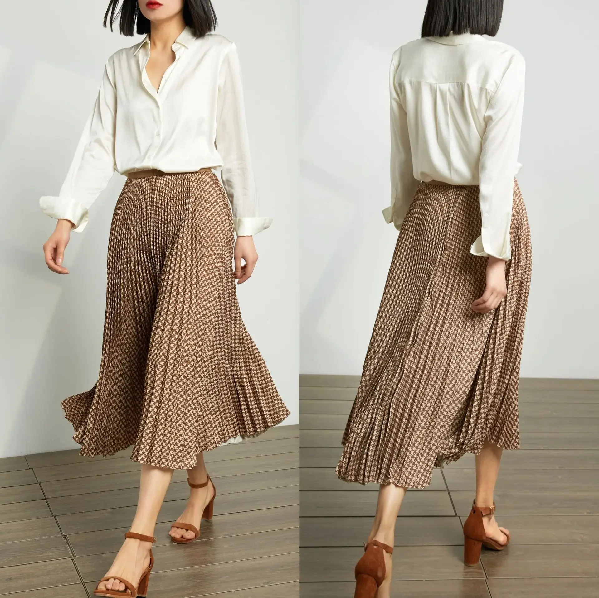 

Swan Jacquard Shirt Designer Women's Office Button-Up Top to 100% Silk Blouse Long Sleeve Shirts with Delicate Feather Pattern