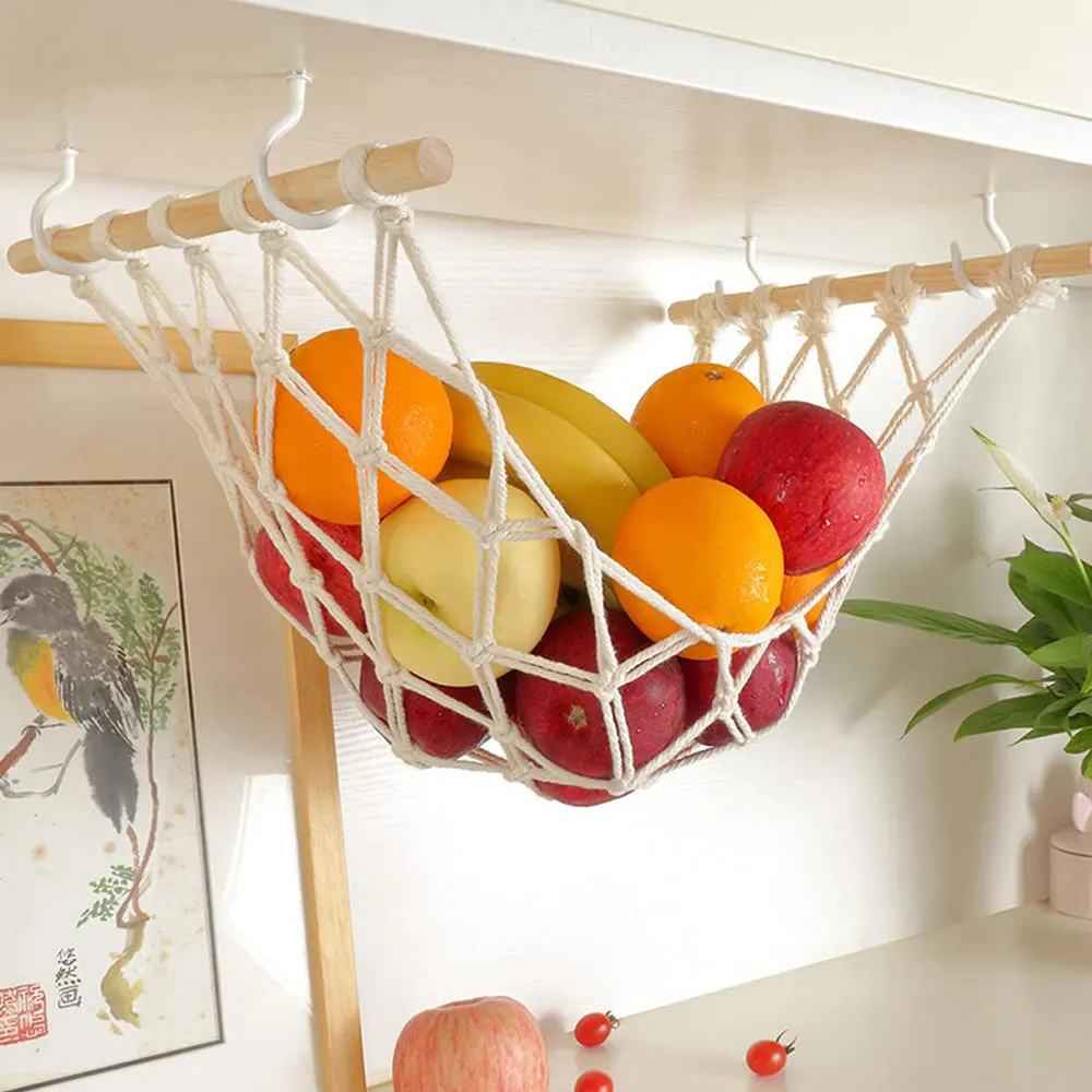 Under Cabinet Fruit Hammock Boho Woven Hanging Vegetable Hammock Household Hanging Kitchen Storage Basket Organizer