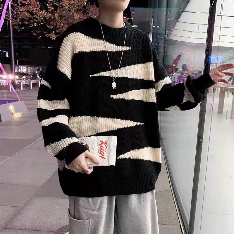 

plus Size Men's Casual round Ne Knitwear Stripe Sweater Loose Fit Autumn Winter Faionable Streetwear Sle Boy's Clothes