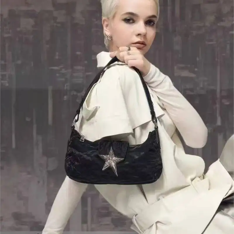 Bloom Vintage Black Y2k Handbag Women 2024 Hot Girls Fashion Star Zipper Casual Underarm Ladies Retro Hobos Bag Purse Chic