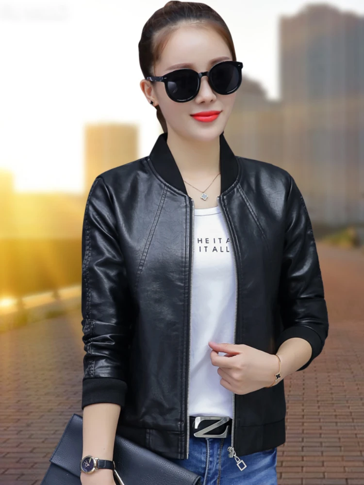 Women Biker Jacket New 2020 Spring Autumn Slim Long Sleeve Zipper Black Faux Leather Coats Female Outwear Ladies Plus Size Coat