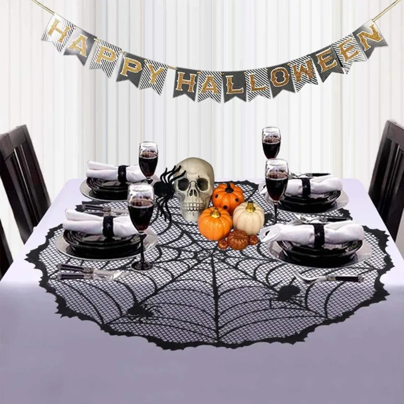 

Black Halloween Lace Table Runner Spider Web Tablecloth Party Cloth Cover Home ireplace Cover Mantel Halloween Decoration