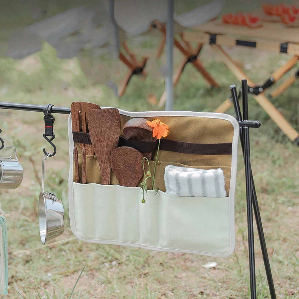 

Camping Tableware Hanging Storage Bag Canvas Cutlery Organizer Portable Flatware Pouch For Outdoor Bbq Hiking Lightweight