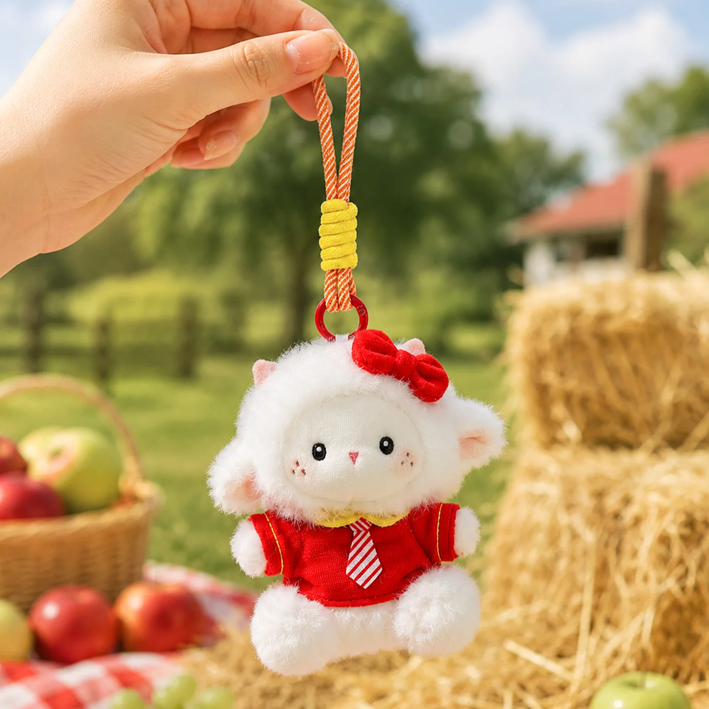 Cute Soft Fluffy Plush Sheep Keychain With Straw Hat Plaid Little Tie-Dye Lamb Doll Keyring Backpack Decor Kids Friends Gift