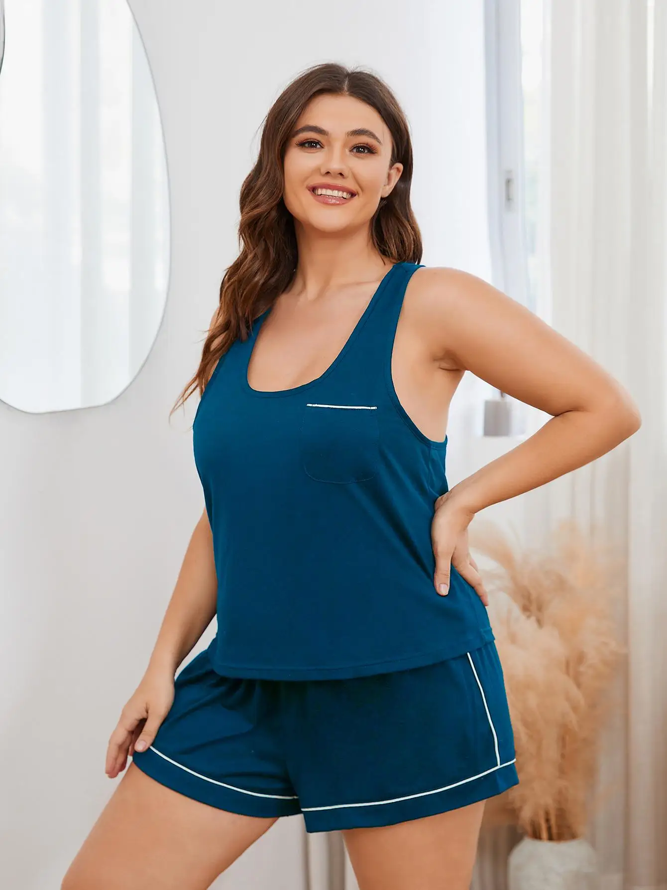 Plus Size Racerback Women\'s Pajamas Set Sleeveless Camisole Top & Shorts 2 Pieces Sleepwear Pijamas Suit Summer Nightwear