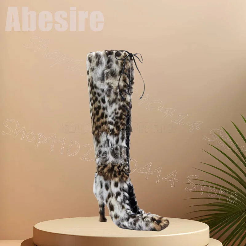 

Leopard Print Fur Pointed Toe Cross Tied Boots Back Zipper Women Shoes Thin High Heels Party Banquet 2025 Zapatos Para Mujere