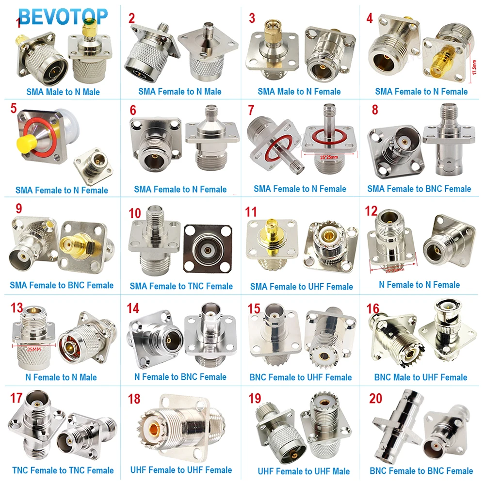 10PCS SMA Male/Female to BNC/ L16 N/ TNC/ UHF Male Plug to Female Jack 4-Holes Flange Chassis Panel Mount Socket New Brass