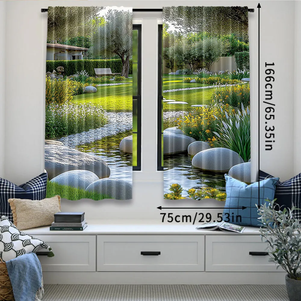 2Pcs Garden Curtains Japanese Park Style Recreational View With Pond Grass Stones And Trees Landscape For Bedroom Bathroom